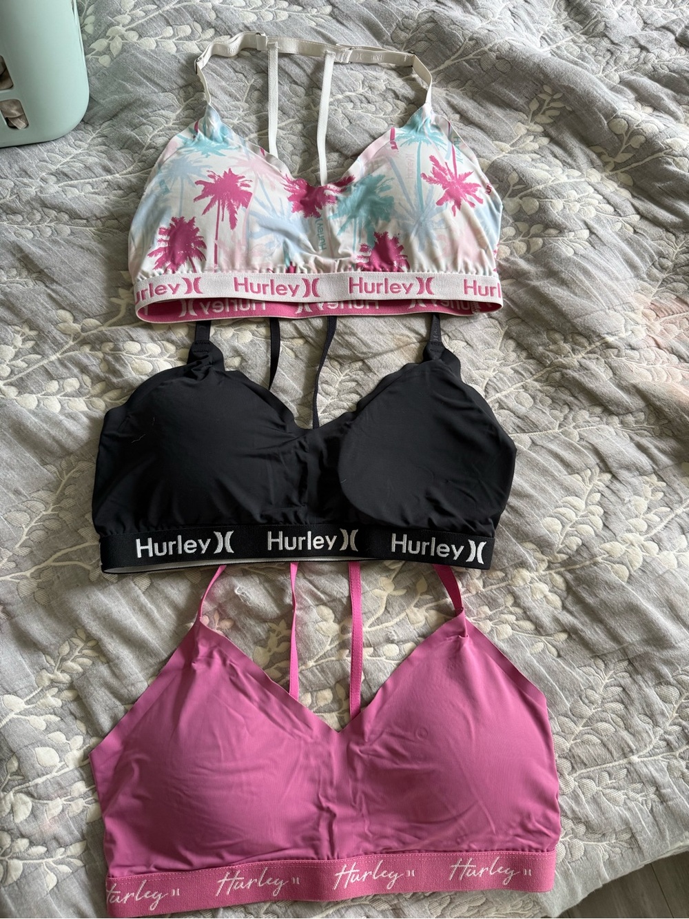 Hurley Three-Pack Bralette Set in Pink, Black, White Palm Print